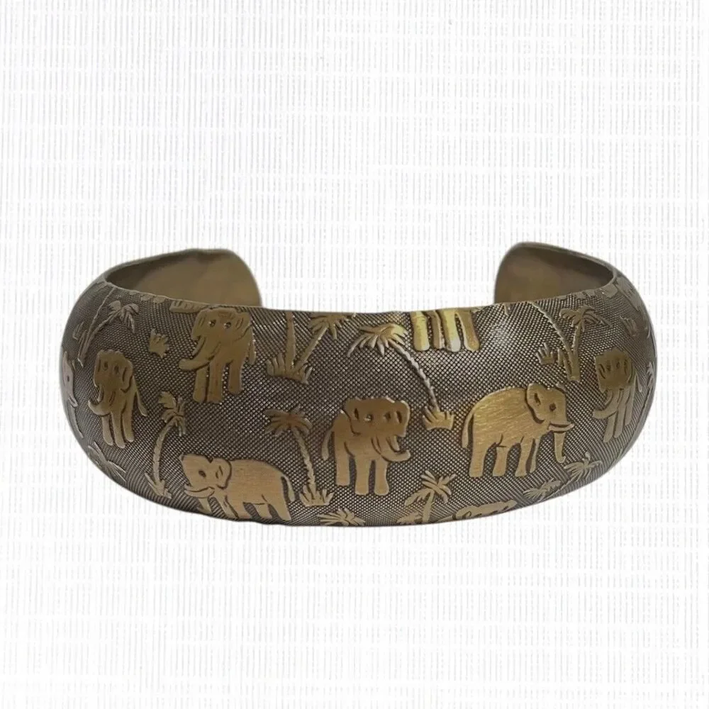 Vintage Bronze Tone Metal Cuff Bracelet Elephant Trees Jungle Safari Adjustable